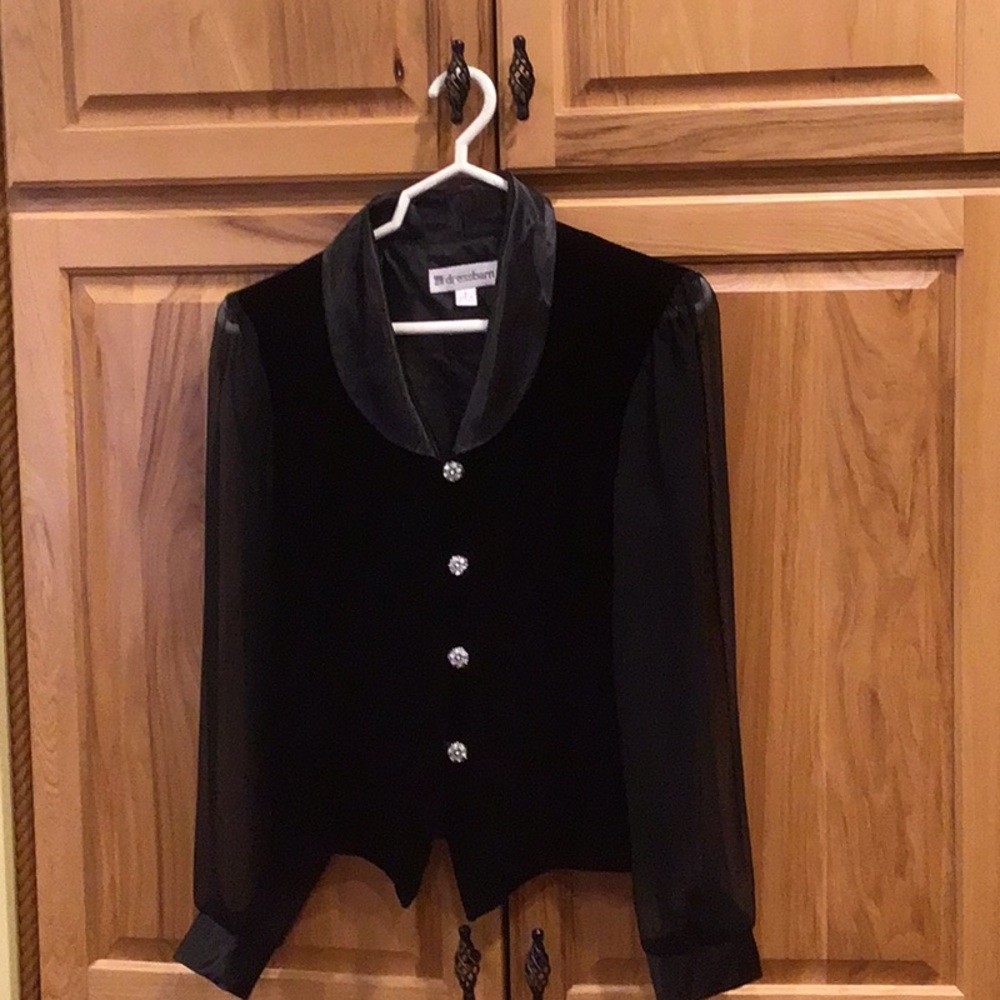 Dress Barn Black Velvet Top Sheer Sleeves Rhinestone Buttons S